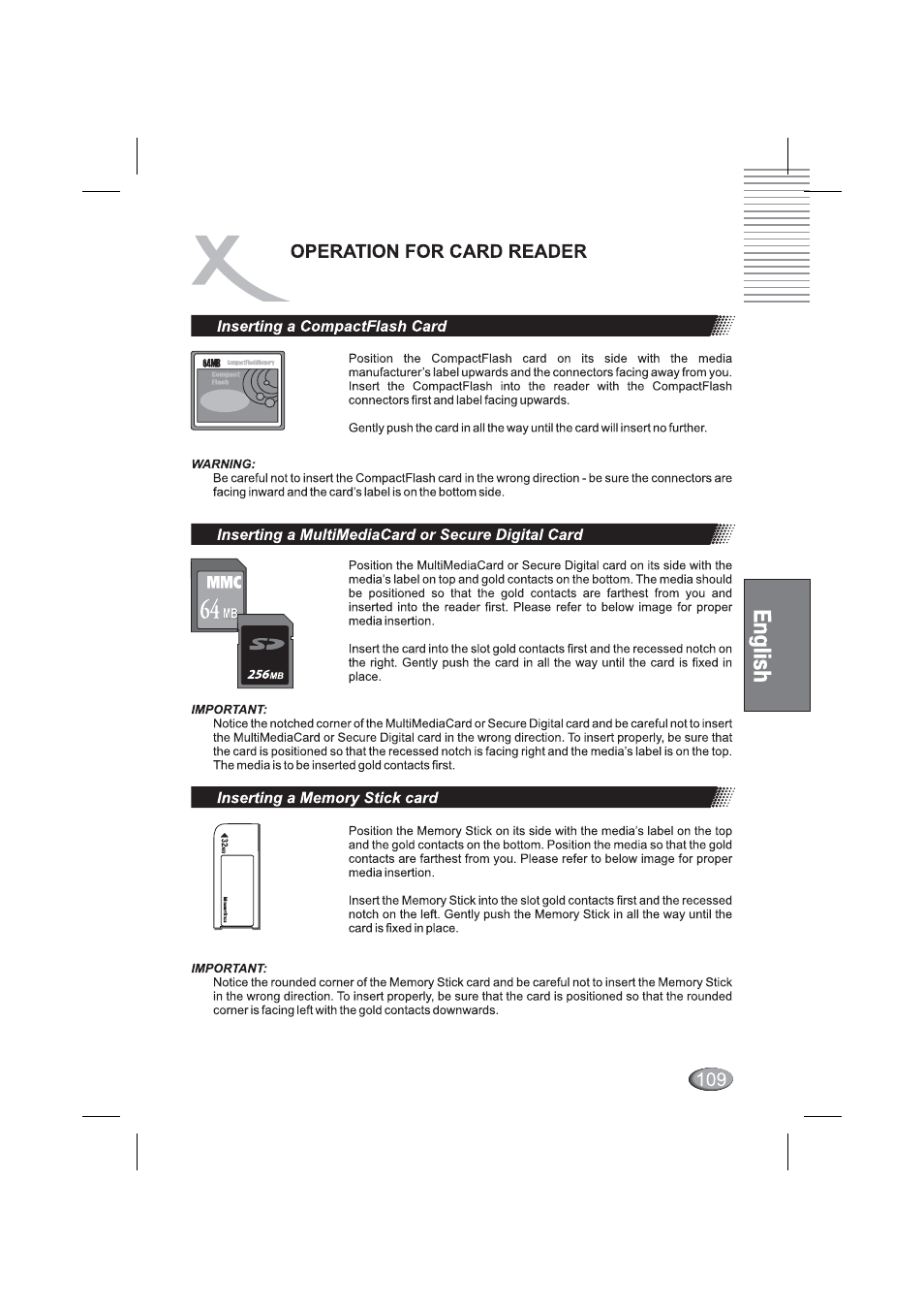 Inserting a compactflash card, Inserting a multlmediacard or secure digital card, Inserting a memory stick card | Operation for card reader | Xoro HSD 4000 User Manual | Page 109 / 164