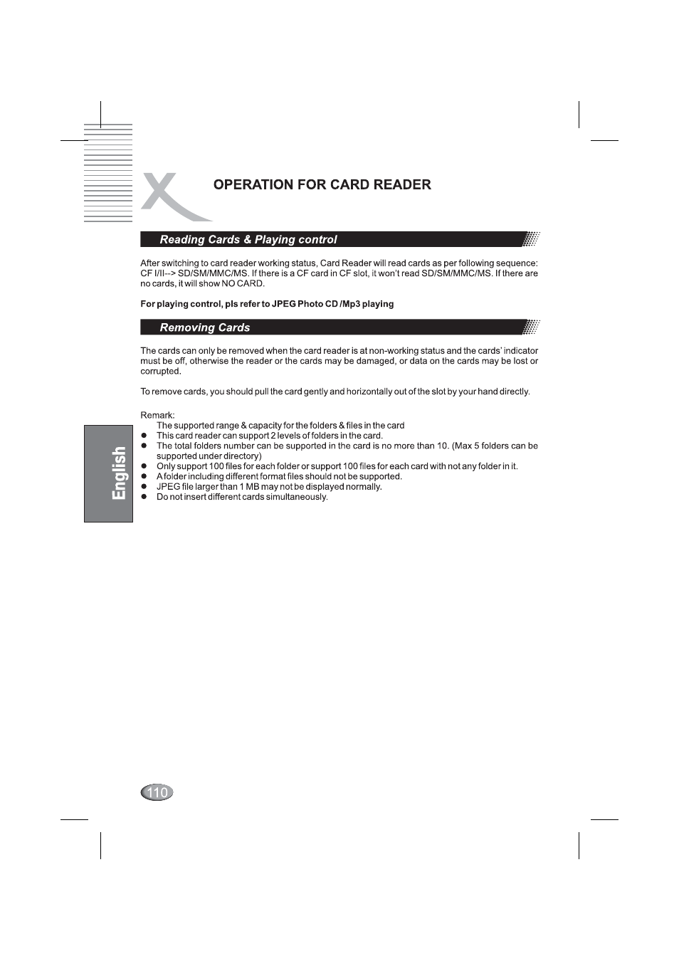 Reading cards & playing control, Removing cards, Reading cards & piaying control • removing cards | Xoro HSD 4000 User Manual | Page 110 / 164