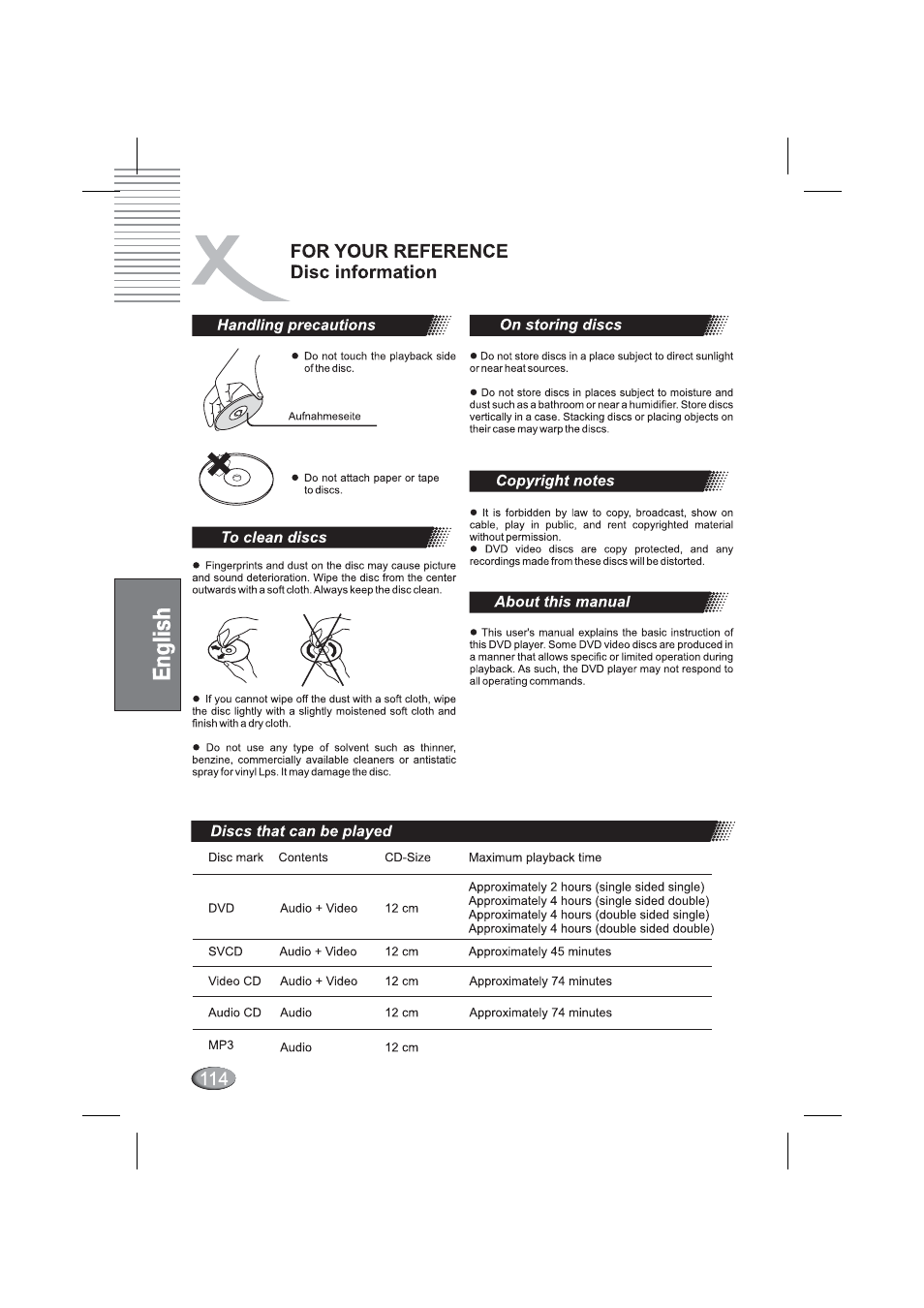 Handling precautions, To dean discs, Copyright notes | About this manual, For your reference disc information | Xoro HSD 4000 User Manual | Page 114 / 164