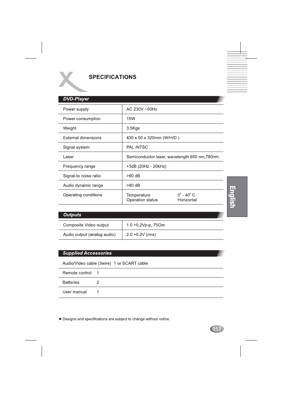 Dvd-player, Outputs, Supplied accessories | Specifications | Xoro HSD 4000 User Manual | Page 117 / 164