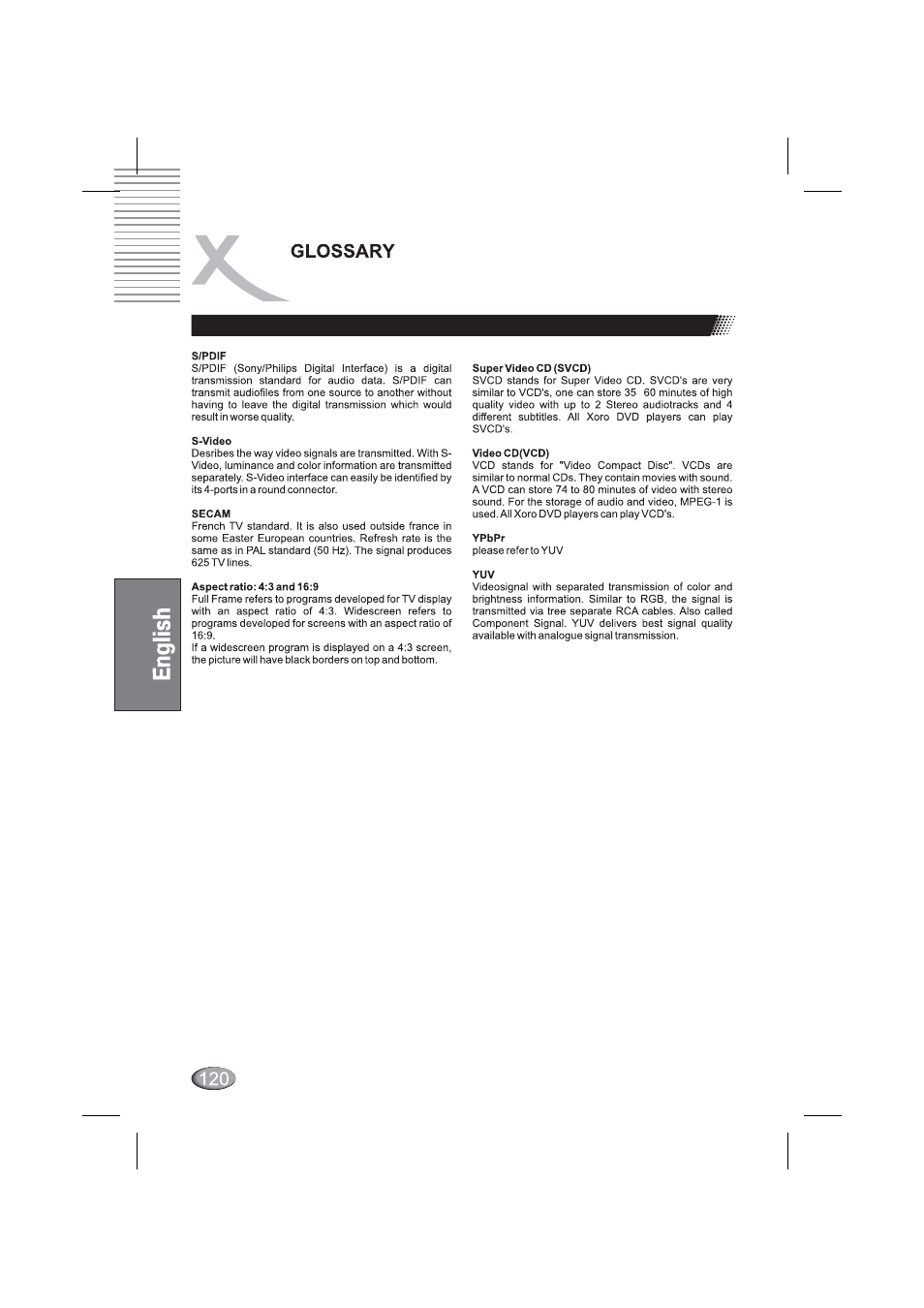 Glossary | Xoro HSD 4000 User Manual | Page 120 / 164