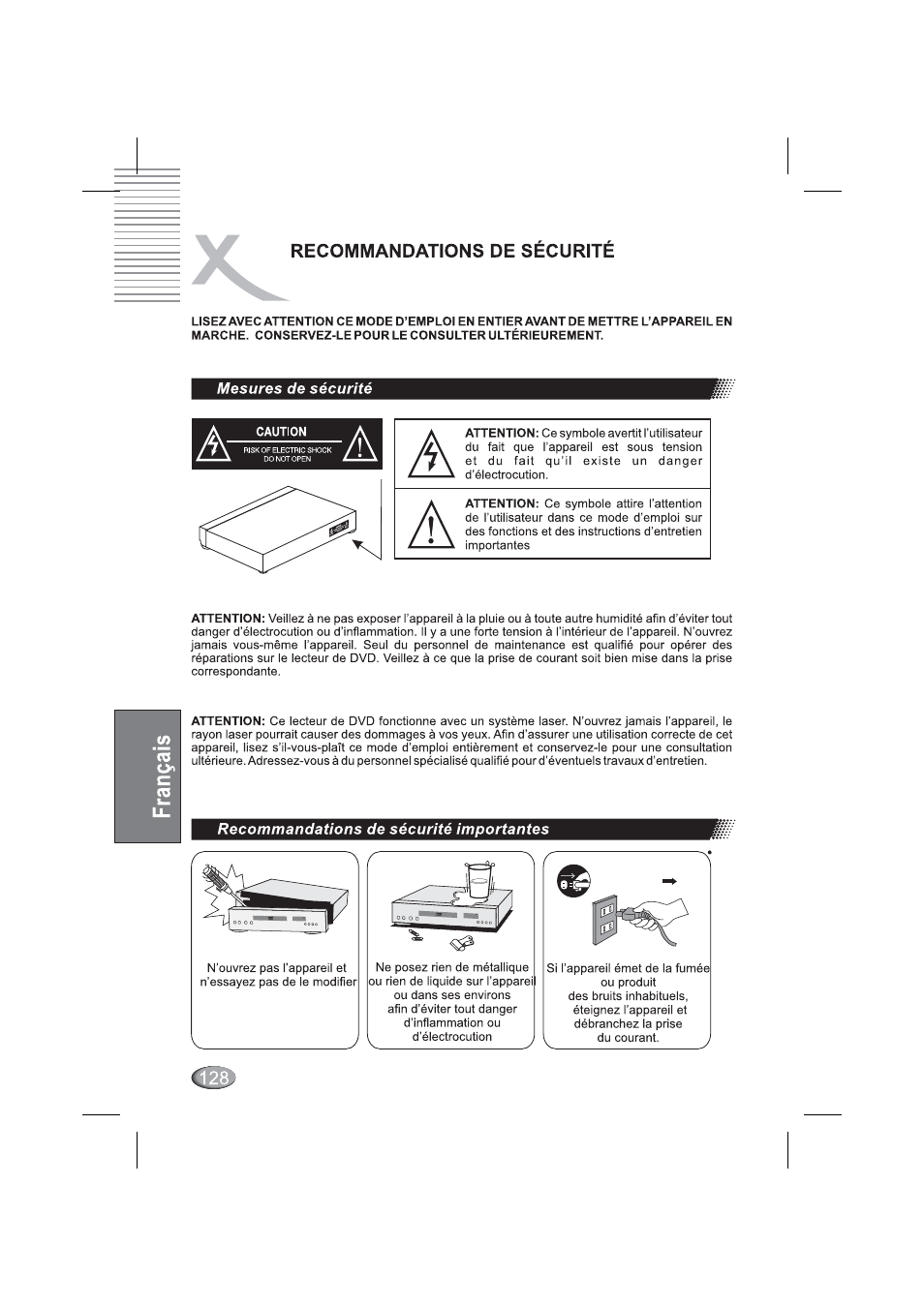 Mesures de sécurité, Recommandations de sécurité importantes, Recommandations de sécurité | Xoro HSD 4000 User Manual | Page 128 / 164