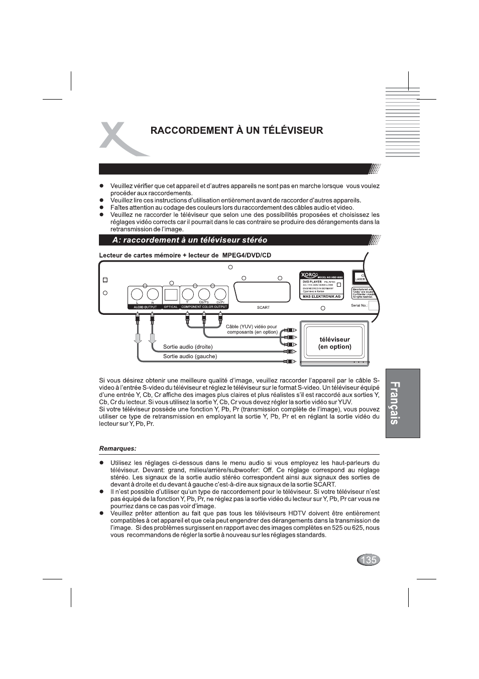 A: raccordement à un téléviseur stéréo, Raccordement a un téléviseur, Raccordement a un televiseur | Xoro HSD 4000 User Manual | Page 135 / 164
