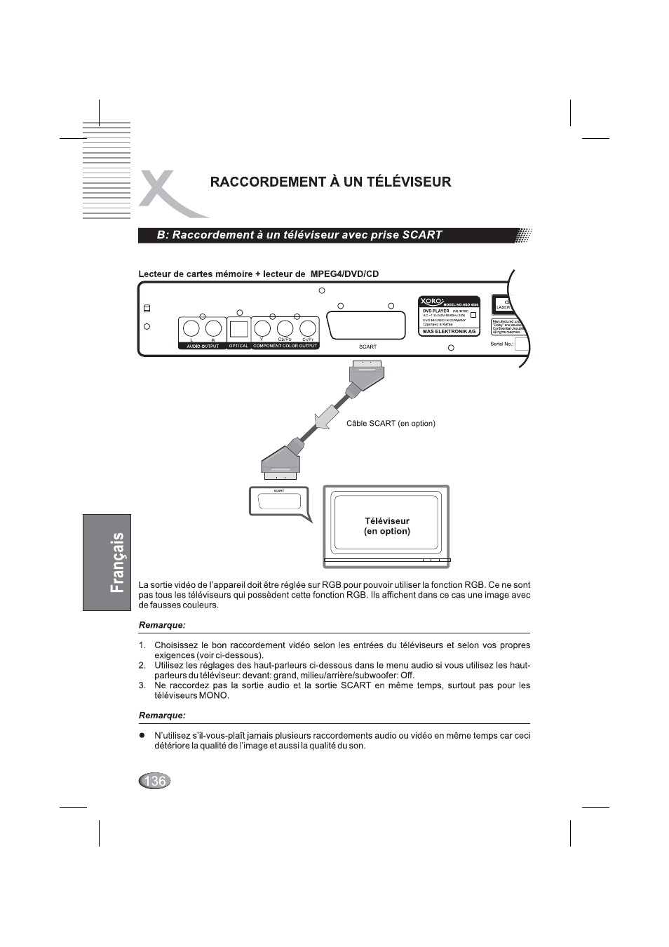 B: raccordement à un téléviseur avec prise scart, B. raccordement à un téiéviseur avec prise scart, Raccordement a un televiseur | Xoro HSD 4000 User Manual | Page 136 / 164