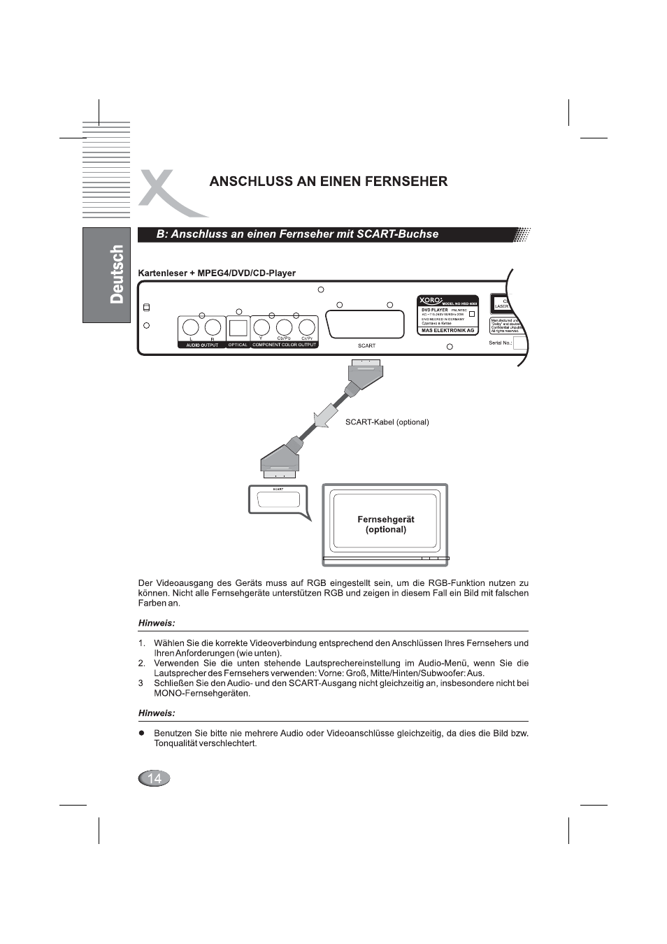 B: anschluss an einen fernseher mit scart-buchse, Оопооо, B: anschiuss an einen fernseher mit scart-buchse | Anschluss an einen fernseher | Xoro HSD 4000 User Manual | Page 14 / 164