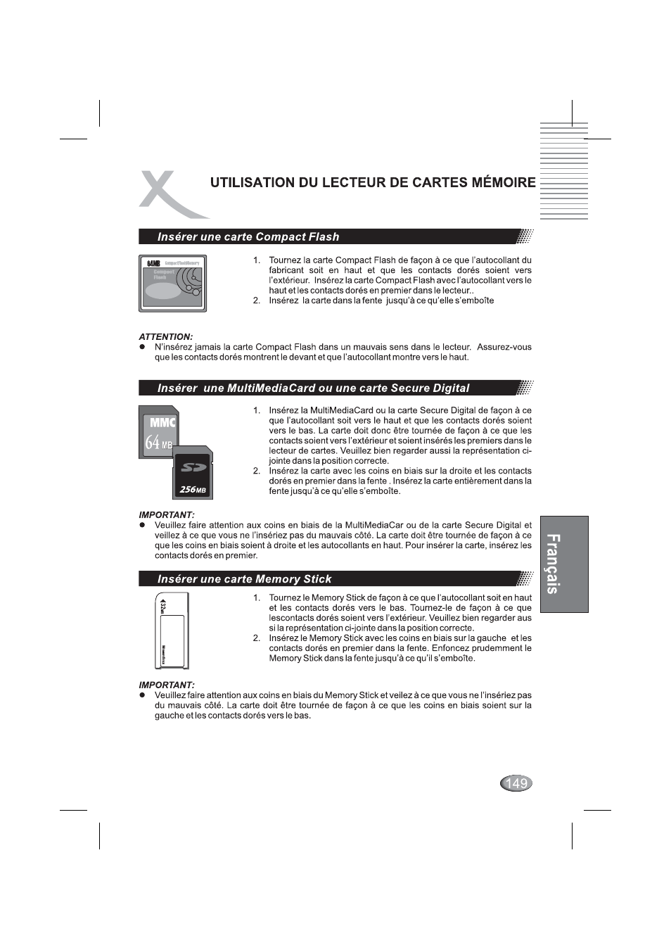 Insérer une carte compact flash, Insérer une carte memory stick | Xoro HSD 4000 User Manual | Page 149 / 164