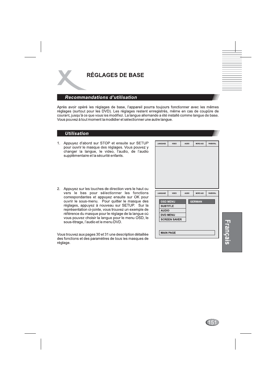 Recommandations d'utilisation, Utilisation, Recommandations d’utilisation | Reglages de base | Xoro HSD 4000 User Manual | Page 151 / 164