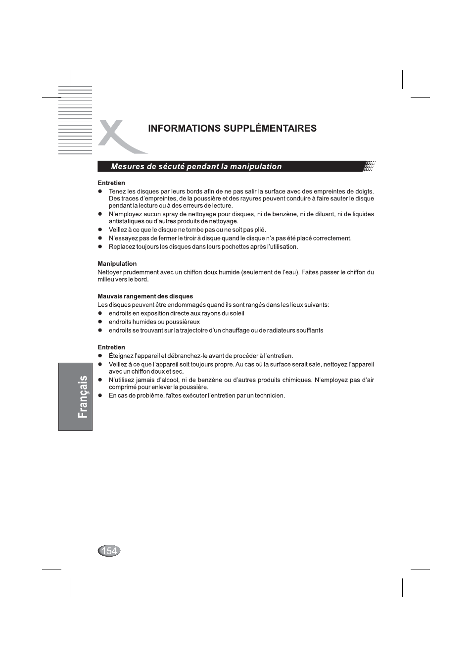 Mesures de sécuté pendant la manipulation, Mesures de sécurité lors de manipulation, Informations supplementaires | Xoro HSD 4000 User Manual | Page 154 / 164