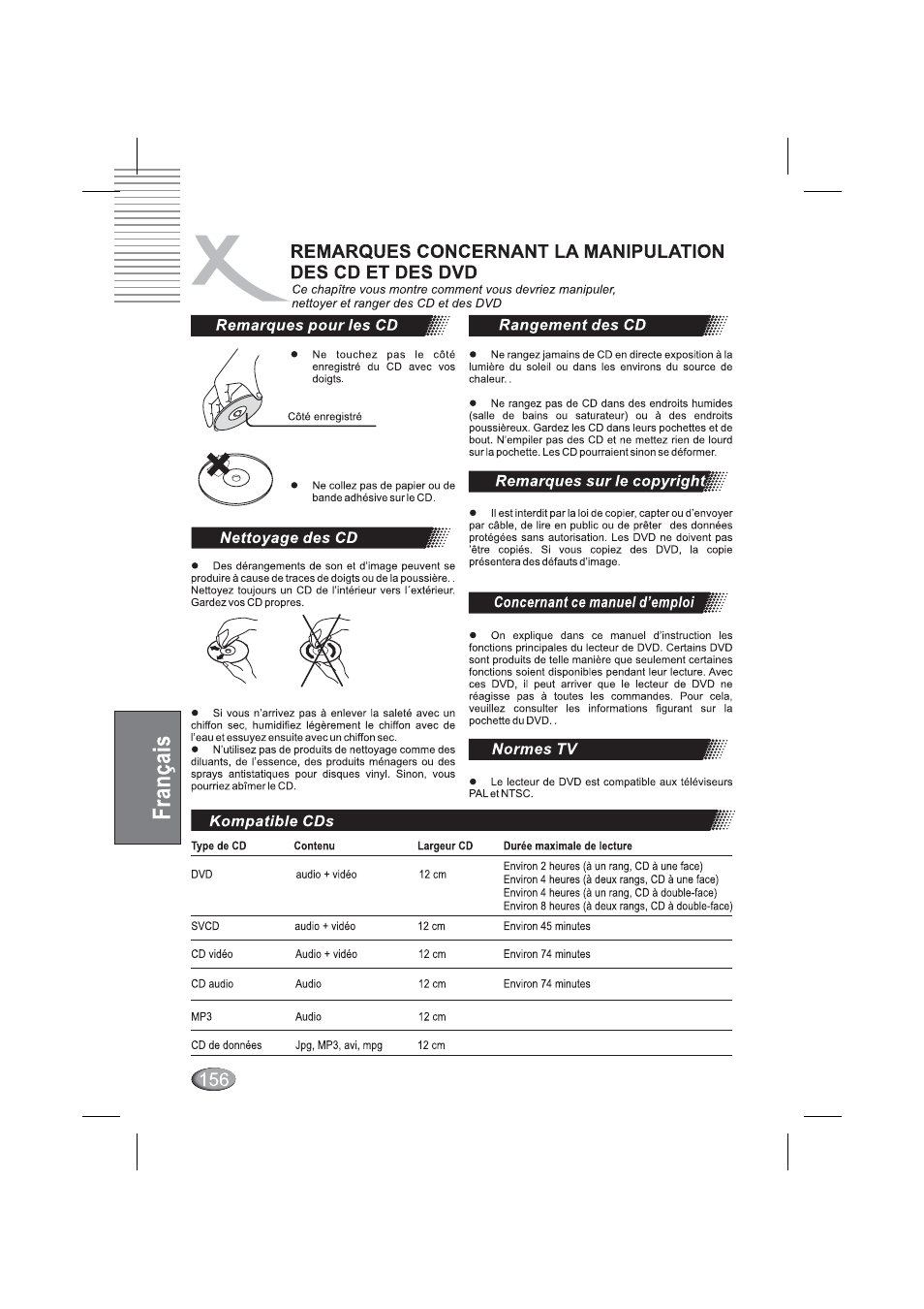 Remarques pour les cd, Rangement des cd, Nettoyage des cd | Remarques sur le copyright, Concernant ce manuel d'emploi, Normes tv | Xoro HSD 4000 User Manual | Page 156 / 164