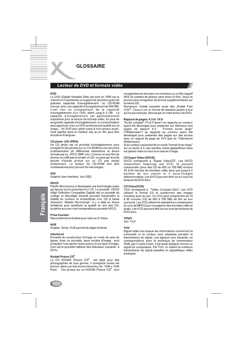 Glossaire, Lecteur de dvd et formats vidéo | Xoro HSD 4000 User Manual | Page 160 / 164