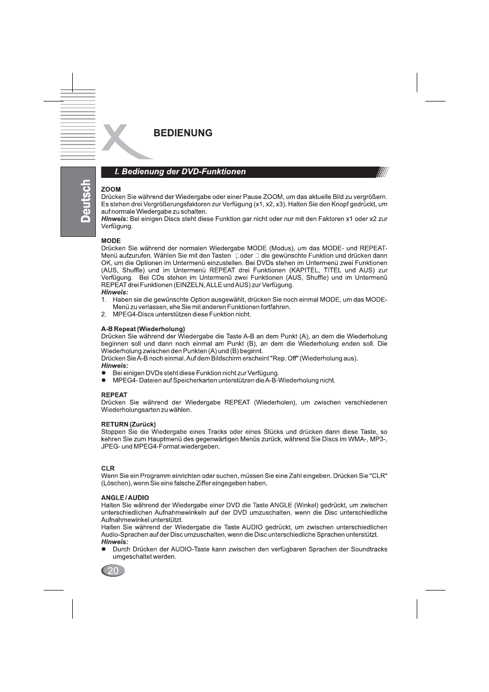 I. bedienung der dvd-funktionen, Bedienung | Xoro HSD 4000 User Manual | Page 20 / 164