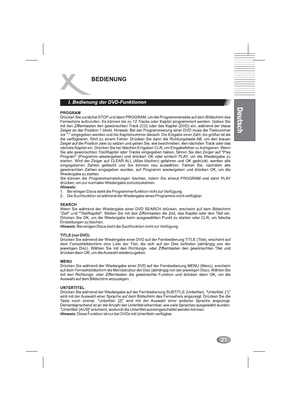 I. bedienung der dvd-funktionen, Bedienung | Xoro HSD 4000 User Manual | Page 21 / 164