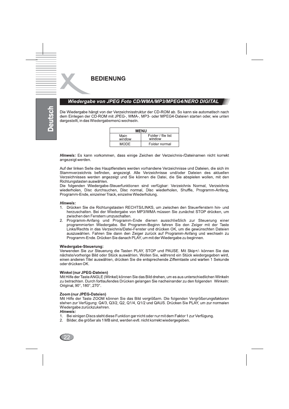 Wiedergabe von jpeg foto cd/wma/mp3/mpeg4, Bedienung | Xoro HSD 4000 User Manual | Page 22 / 164