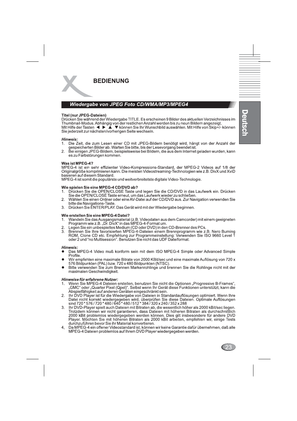 Wiedergabe von jpeg foto cd/wma/mp3/mpeg4, Bedienung | Xoro HSD 4000 User Manual | Page 23 / 164