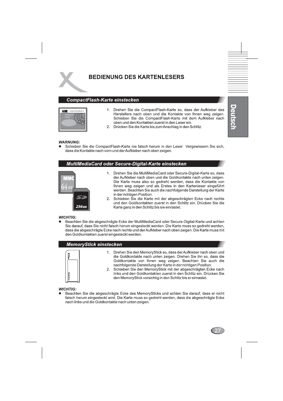 Compactflash-karte einstecken, Memorystick einstecken, Bedienung des kartenlesers | Xoro HSD 4000 User Manual | Page 27 / 164