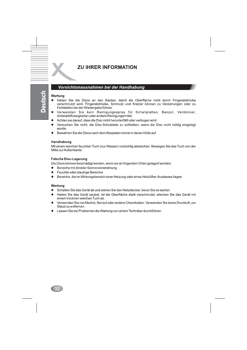 Vorsichtsmassnahmen bei der handhabung, Zu ihrer information | Xoro HSD 4000 User Manual | Page 32 / 164