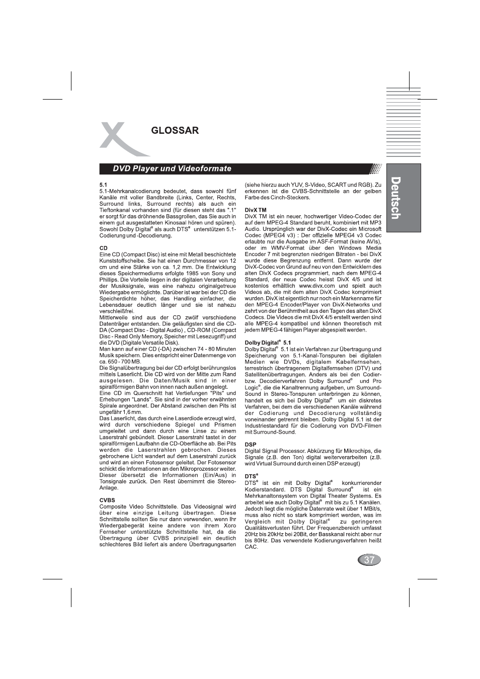 Dvd player und videoformate, Glossar | Xoro HSD 4000 User Manual | Page 37 / 164