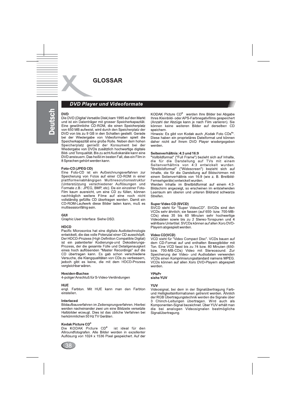 Dvd player und videoformate, Glossar | Xoro HSD 4000 User Manual | Page 38 / 164