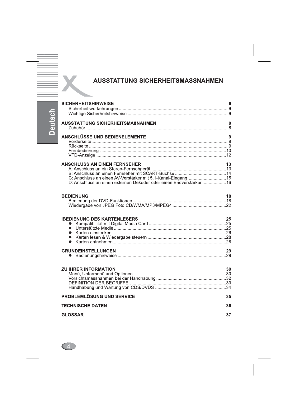 Ausstattung sicherheitsmassnahmen | Xoro HSD 4000 User Manual | Page 4 / 164