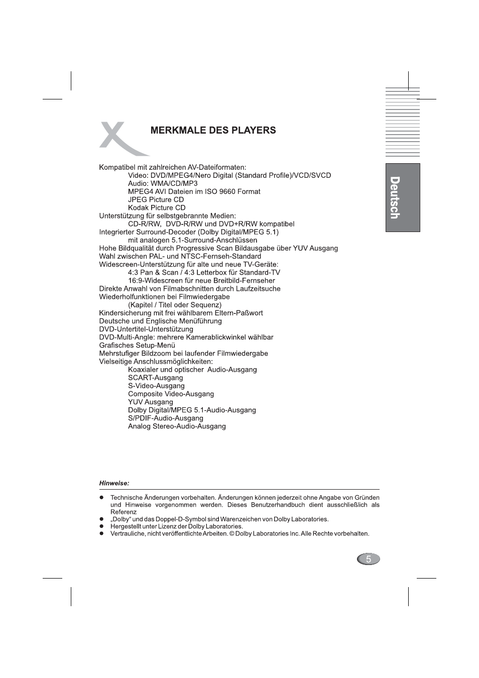 Merkmale des players | Xoro HSD 4000 User Manual | Page 5 / 164