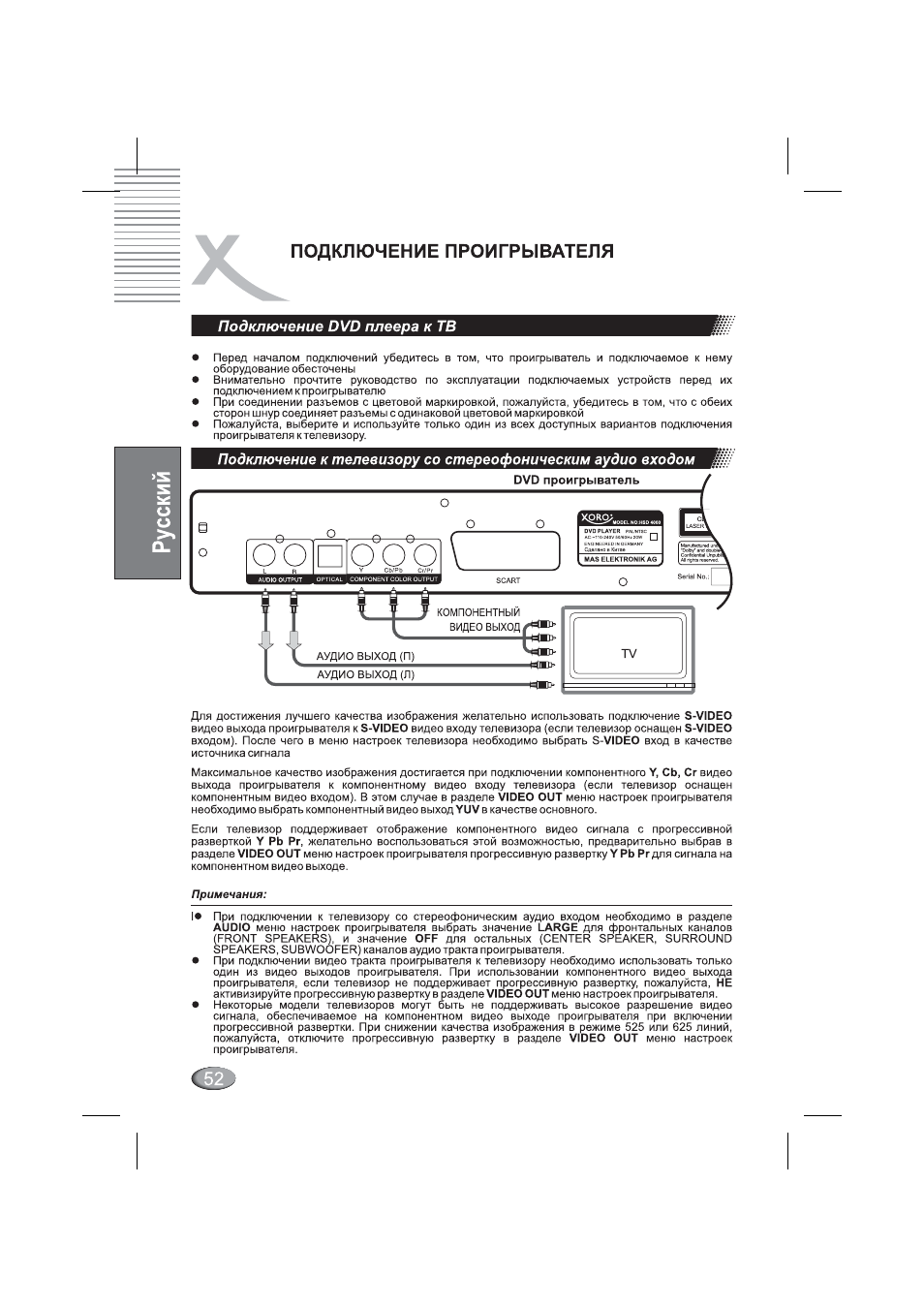 Подключение dvd плеера к тв, Подключение проигрывателя | Xoro HSD 4000 User Manual | Page 52 / 164