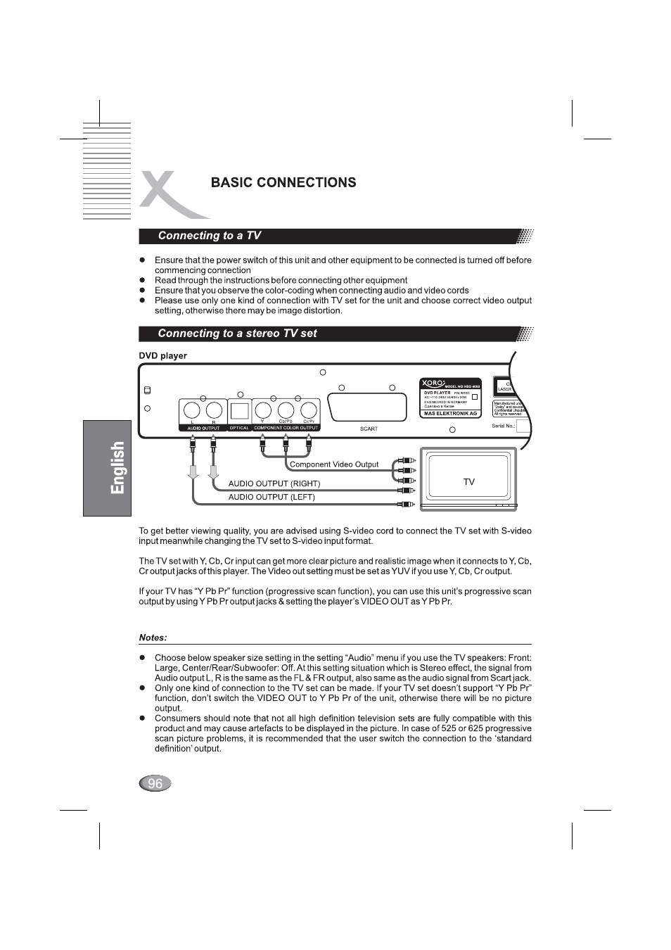 Connecting to a stereo tv set, Basic connections | Xoro HSD 4000 User Manual | Page 96 / 164