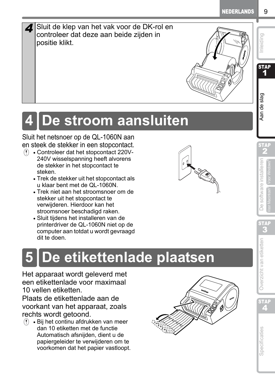 De stroom aansluiten, De etikettenlade plaatsen, 4 de stroom aansluiten 5 de etikettenlade plaatsen | Brother QL-1060N User Manual | Page 101 / 121