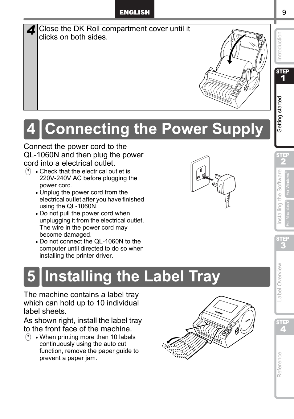 Connecting the power supply, Installing the label tray | Brother QL-1060N User Manual | Page 11 / 121