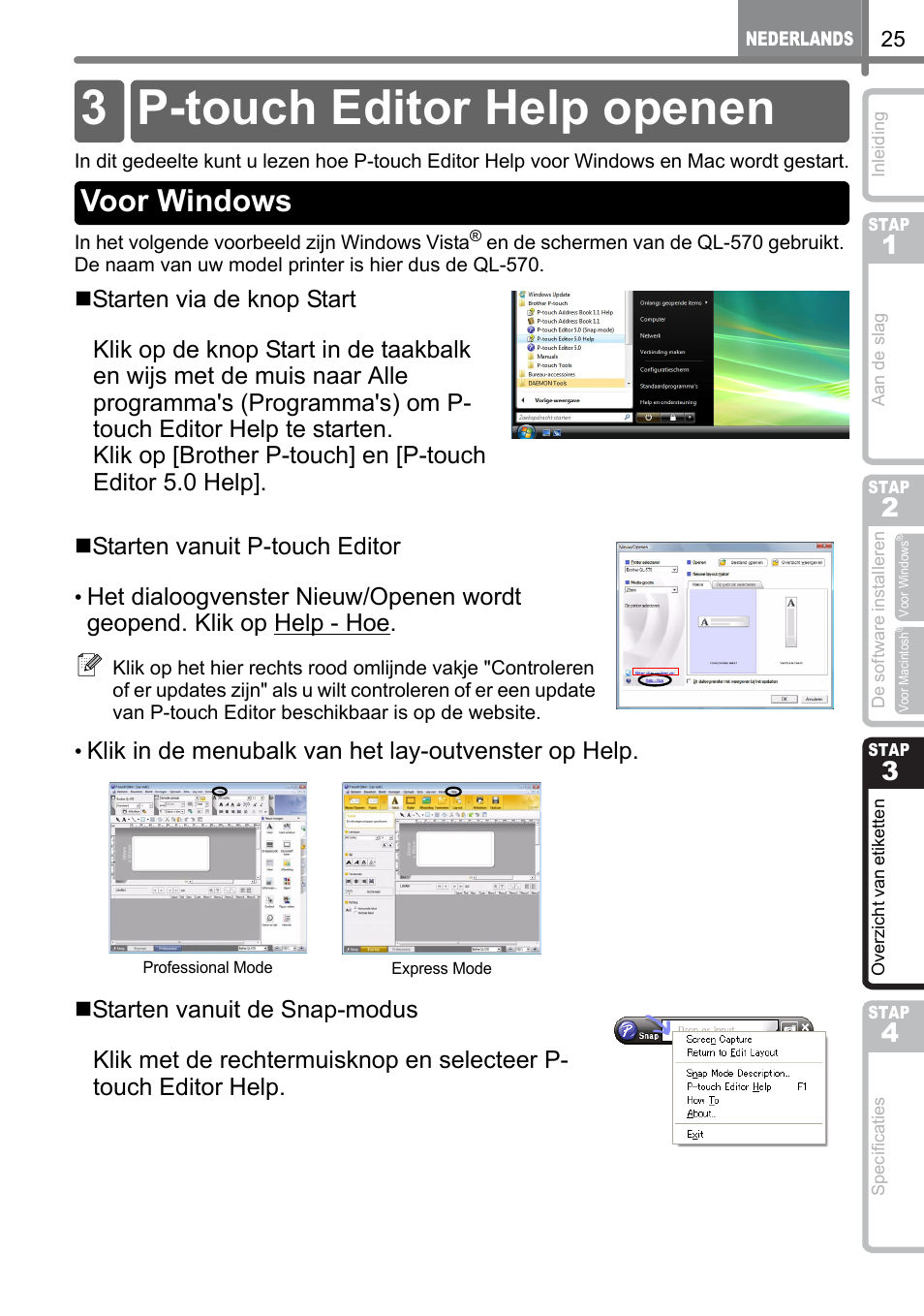 P-touch editor help openen, Voor windows, 3 p-touch editor help openen | Brother QL-1060N User Manual | Page 117 / 121