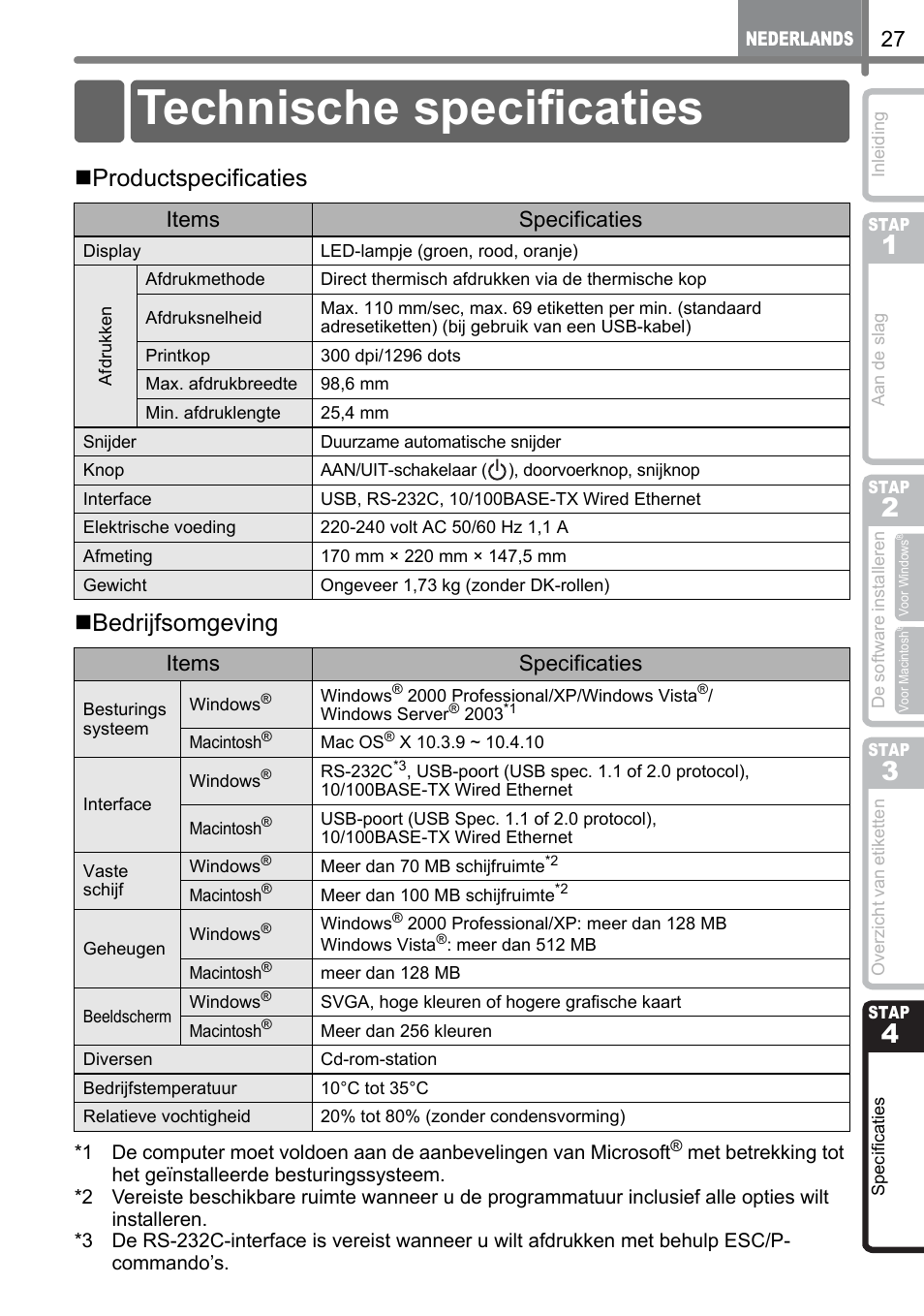 Specificaties, Technische specificaties, Ecificaties | Stap, Productspecificaties  bedrijfsomgeving, Items specificaties | Brother QL-1060N User Manual | Page 119 / 121