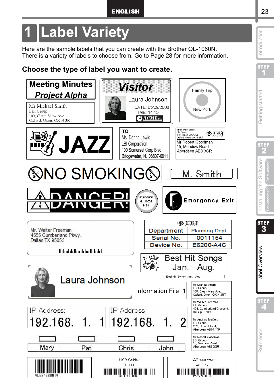 Label overview, Label variety, Label over | View, Step, 1 label variety, Choose the type of label you want to create | Brother QL-1060N User Manual | Page 25 / 121