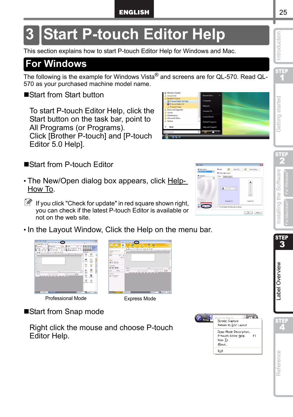 Start p-touch editor help, For windows, 3 start p-touch editor help | Brother QL-1060N User Manual | Page 27 / 121