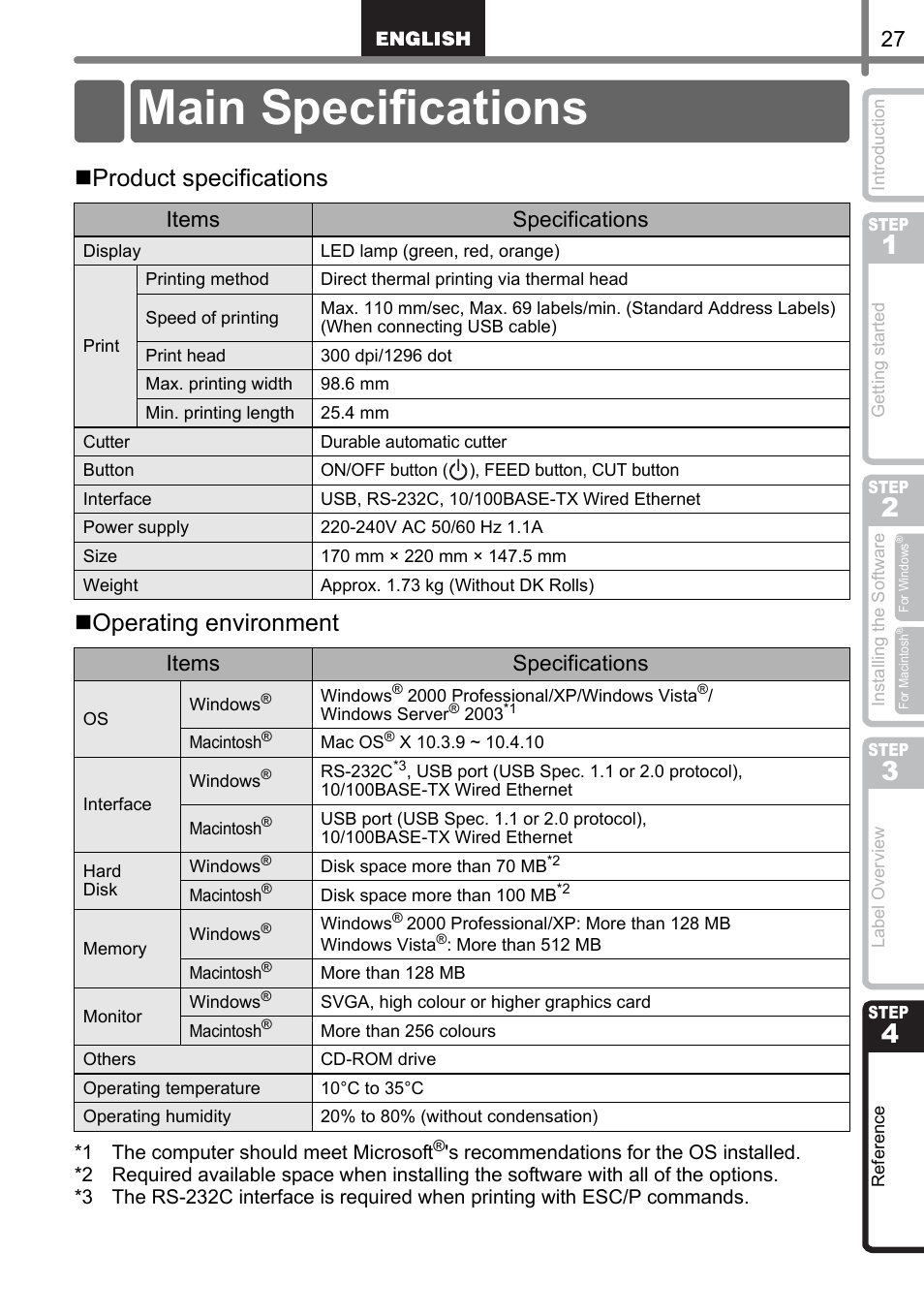 Reference, Main specifications, Refer | Ence, Erence, Step, Ference, Product specifications  operating environment, Items specifications | Brother QL-1060N User Manual | Page 29 / 121