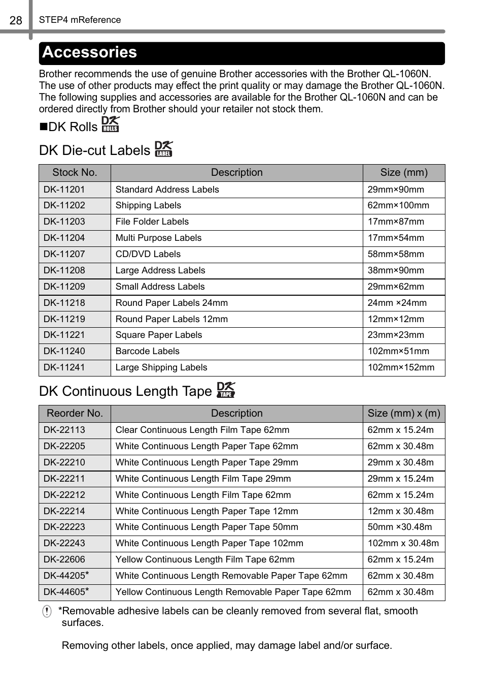 Accessories, Dk die-cut labels dk continuous length tape, Dk rolls | Brother QL-1060N User Manual | Page 30 / 121