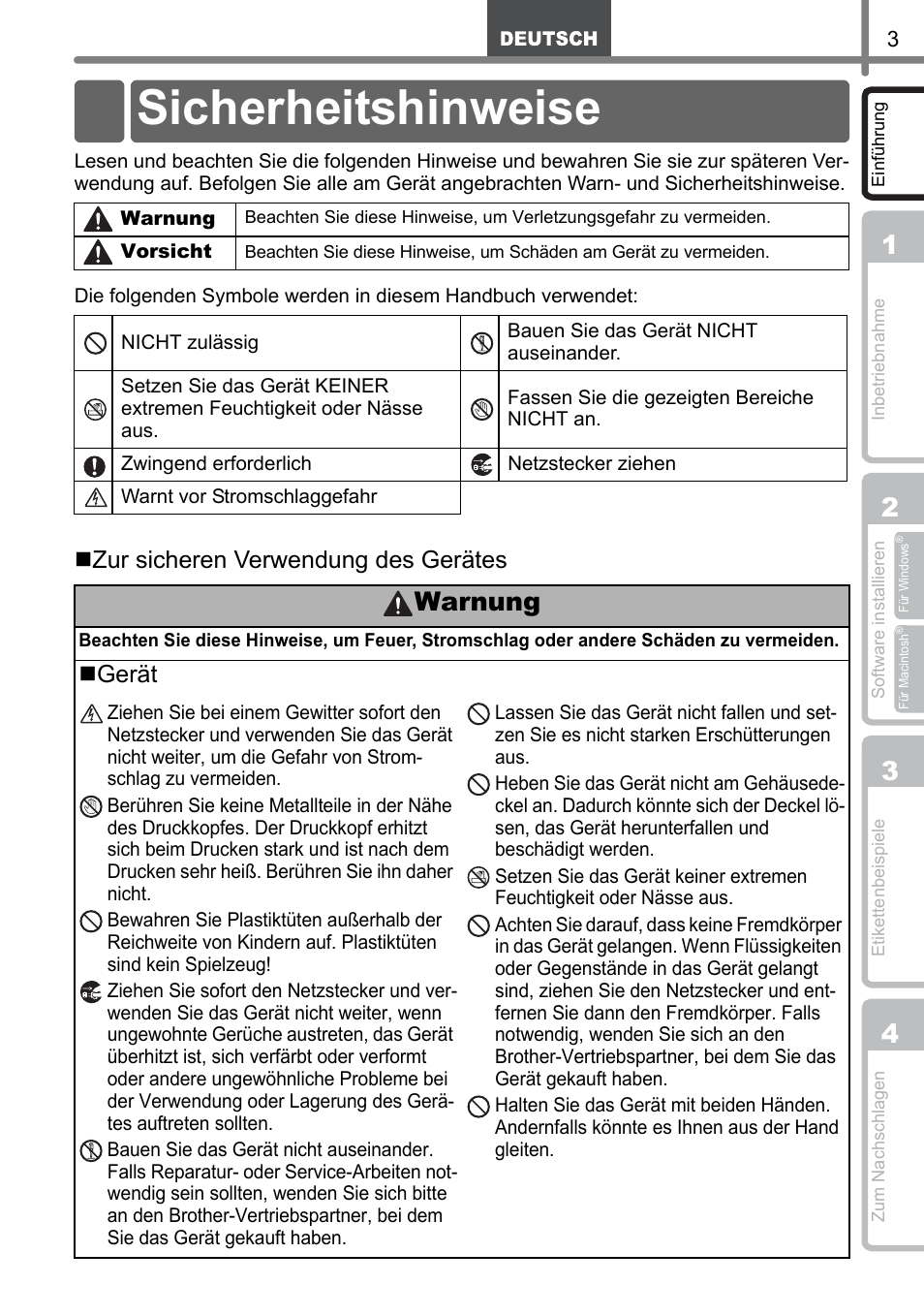 Sicherheitshinweise, Warnung, Zur sicheren verwendung des gerätes | Gerät | Brother QL-1060N User Manual | Page 35 / 121