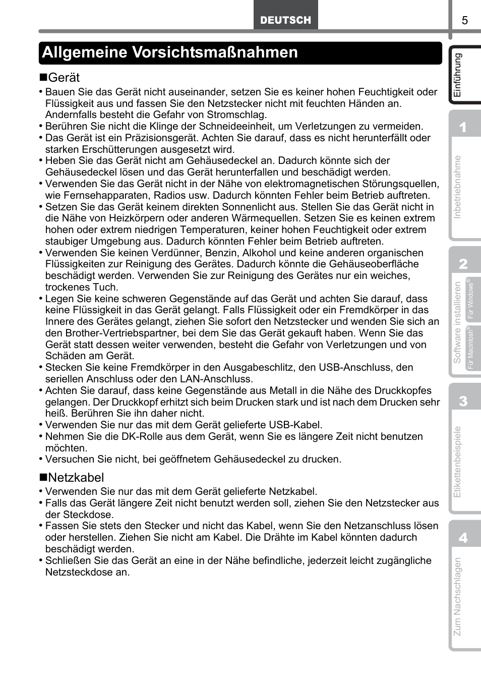 Allgemeine vorsichtsmaßnahmen, Gerät, Netzkabel | Brother QL-1060N User Manual | Page 37 / 121