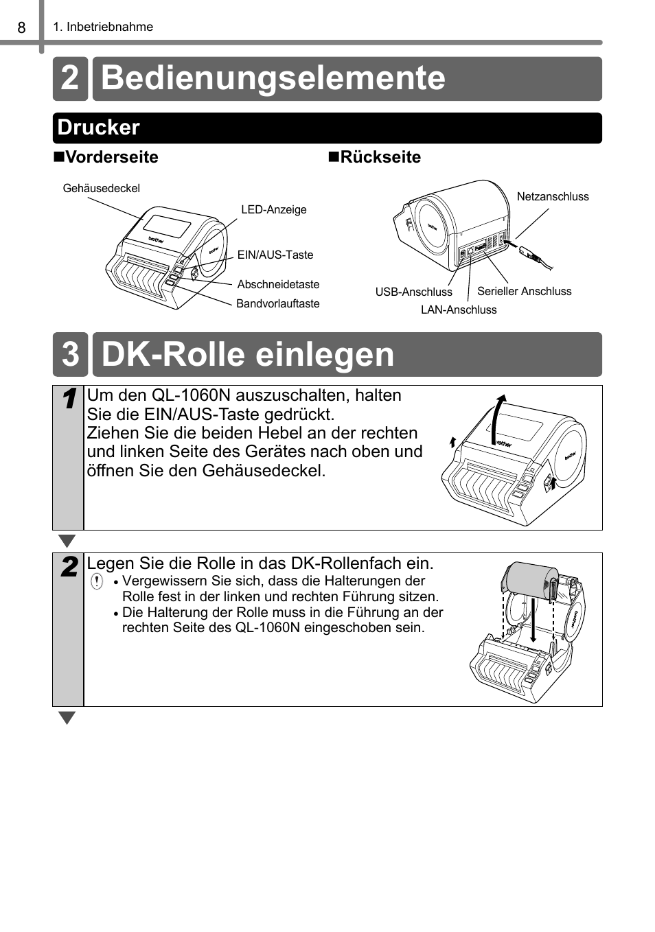 Bedienungselemente, Drucker, Dk-rolle einlegen | 2 bedienungselemente, 3 dk-rolle einlegen | Brother QL-1060N User Manual | Page 40 / 121