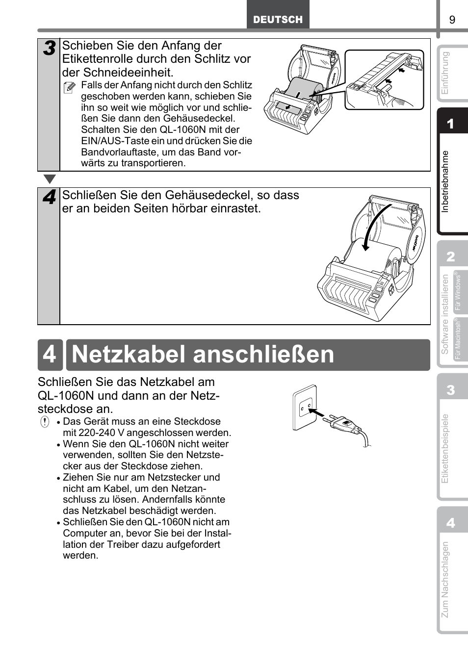 Netzkabel anschließen, 4 netzkabel anschließen | Brother QL-1060N User Manual | Page 41 / 121