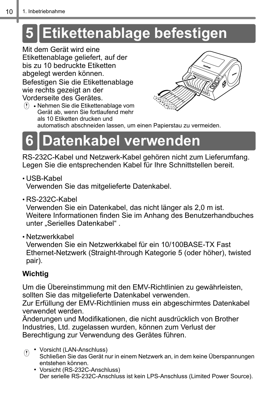 Etikettenablage befestigen, Datenkabel verwenden | Brother QL-1060N User Manual | Page 42 / 121