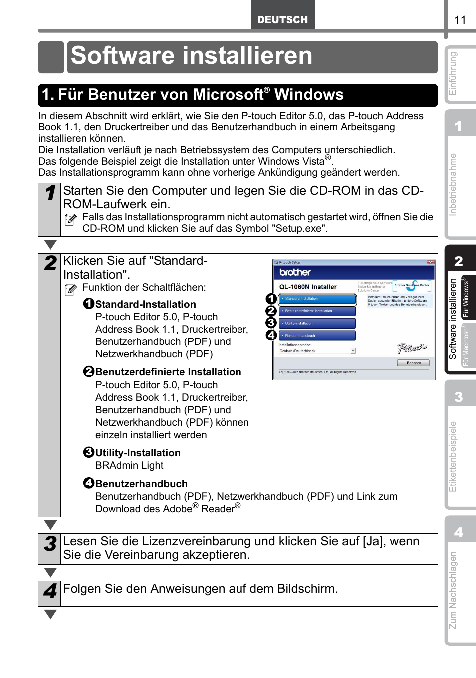 Software installieren, Für benutzer von microsoft® windows, Software | Installieren, Softwar, E instal, Lier, Für benutzer von microsoft, Schritt, Softw | Brother QL-1060N User Manual | Page 43 / 121