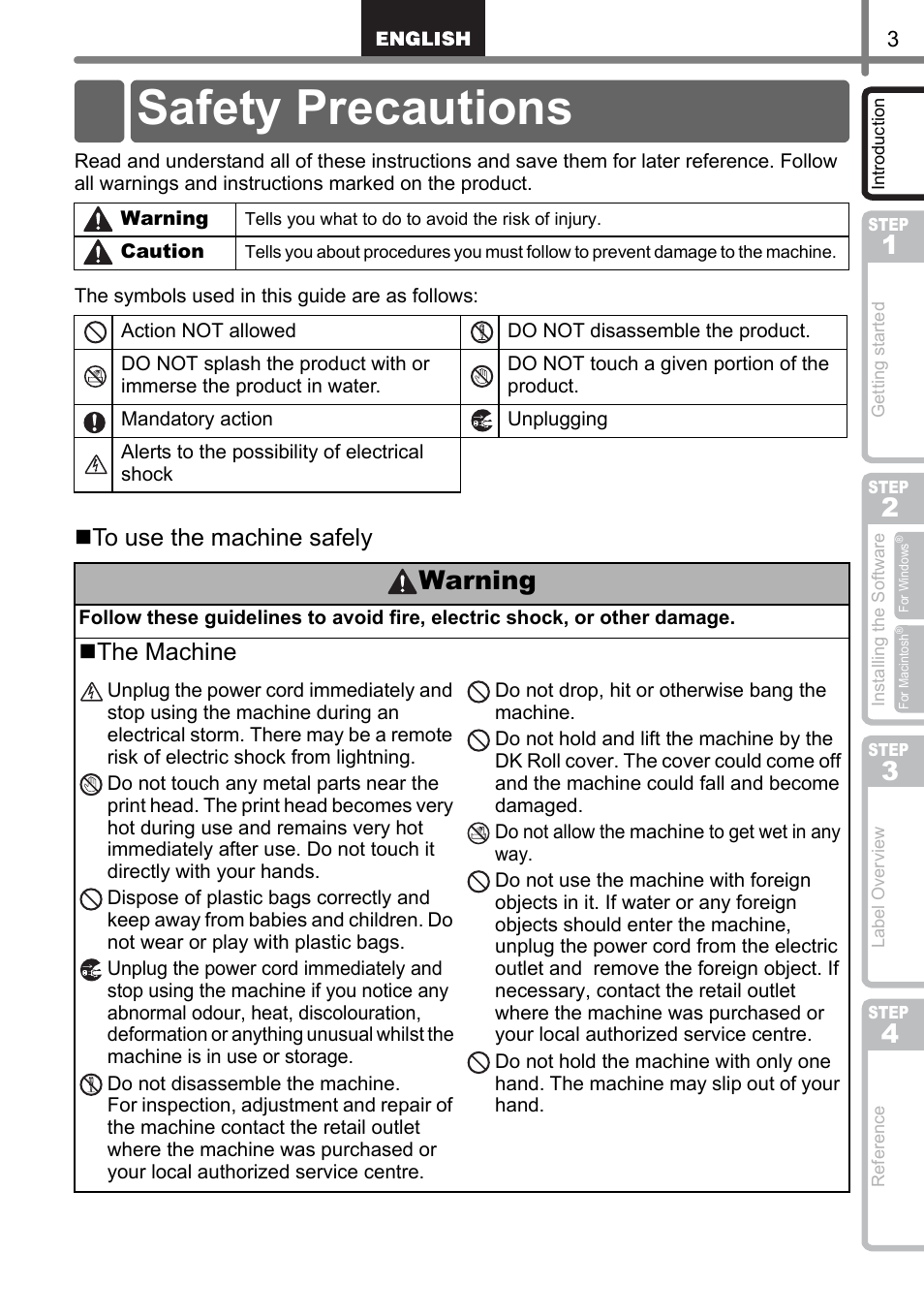 Safety precautions, Warning, The machine | Brother QL-1060N User Manual | Page 5 / 121