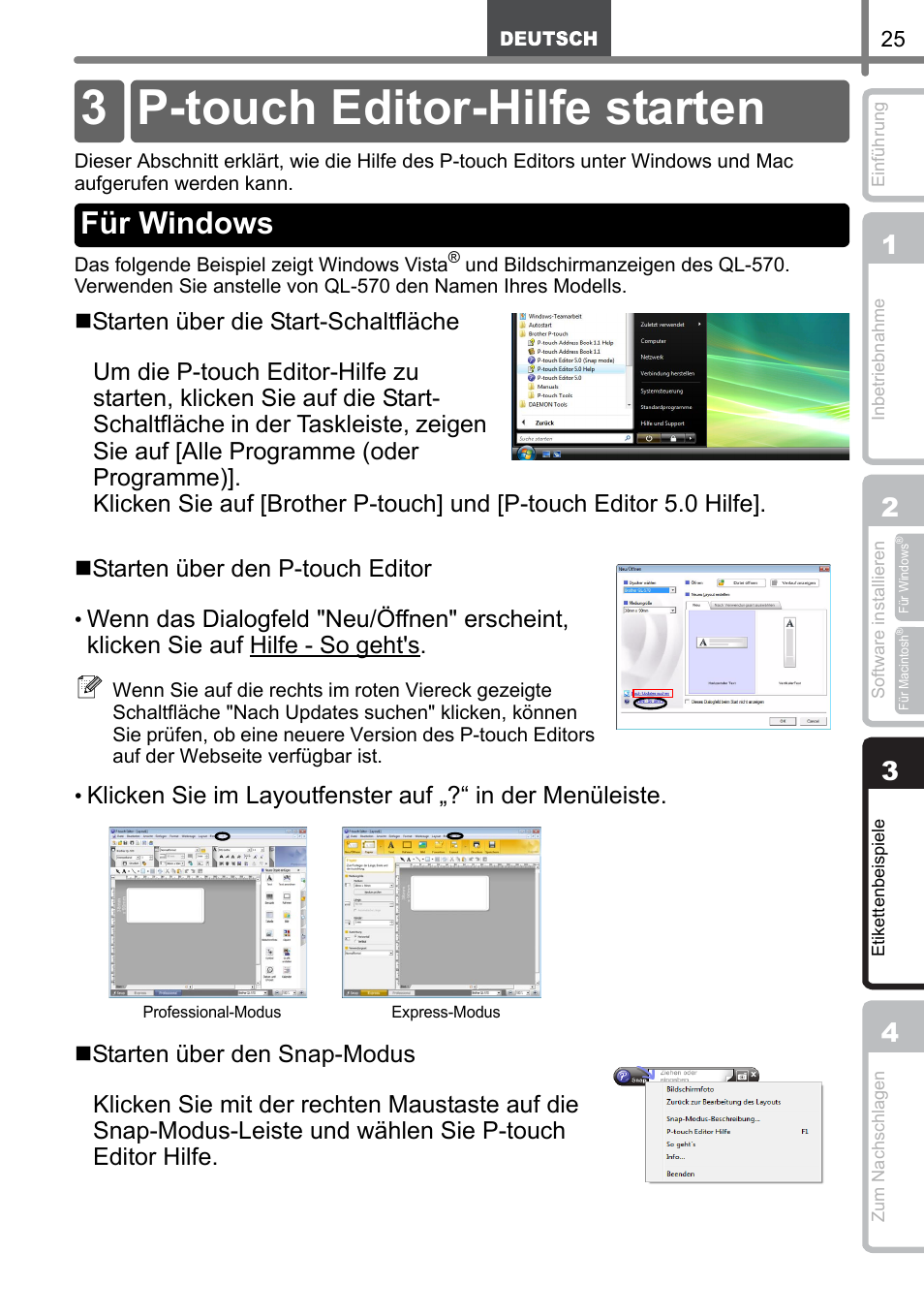 P-touch editor-hilfe starten, Für windows, 3 p-touch editor-hilfe starten | Brother QL-1060N User Manual | Page 57 / 121