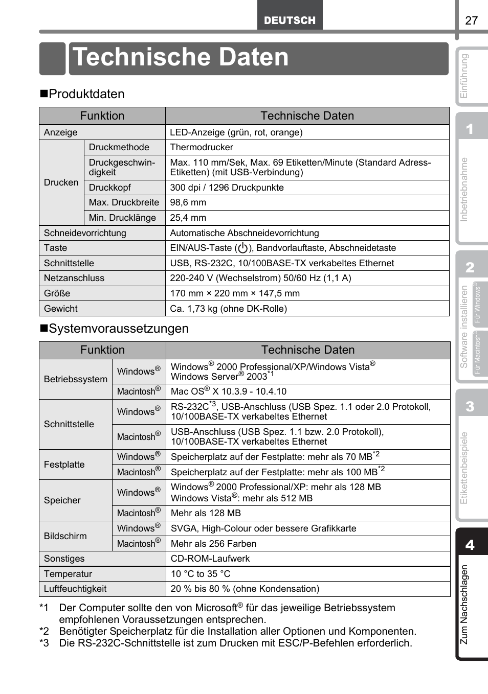 Zum nachschlagen, Technische daten, Um nachschlagen | Zum nachsch, Lagen, Schritt, Produktdaten  systemvoraussetzungen, Funktion technische daten | Brother QL-1060N User Manual | Page 59 / 121