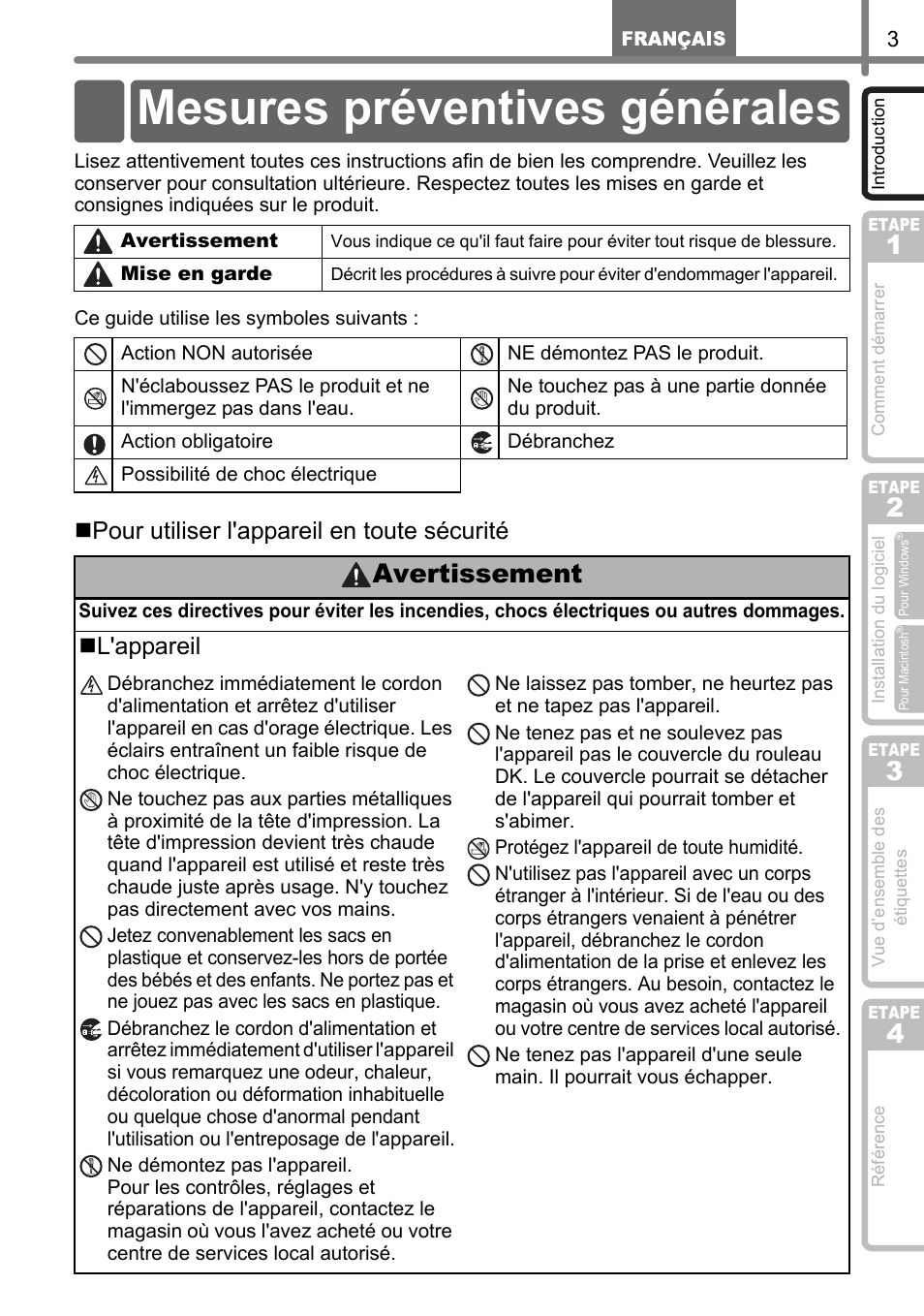 Mesures préventives générales, Avertissement, Pour utiliser l'appareil en toute sécurité | L'appareil | Brother QL-1060N User Manual | Page 65 / 121