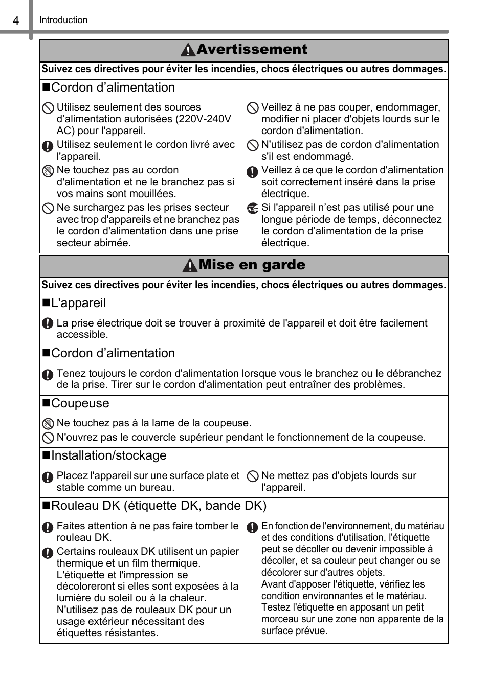 Mise en garde, Avertissement | Brother QL-1060N User Manual | Page 66 / 121