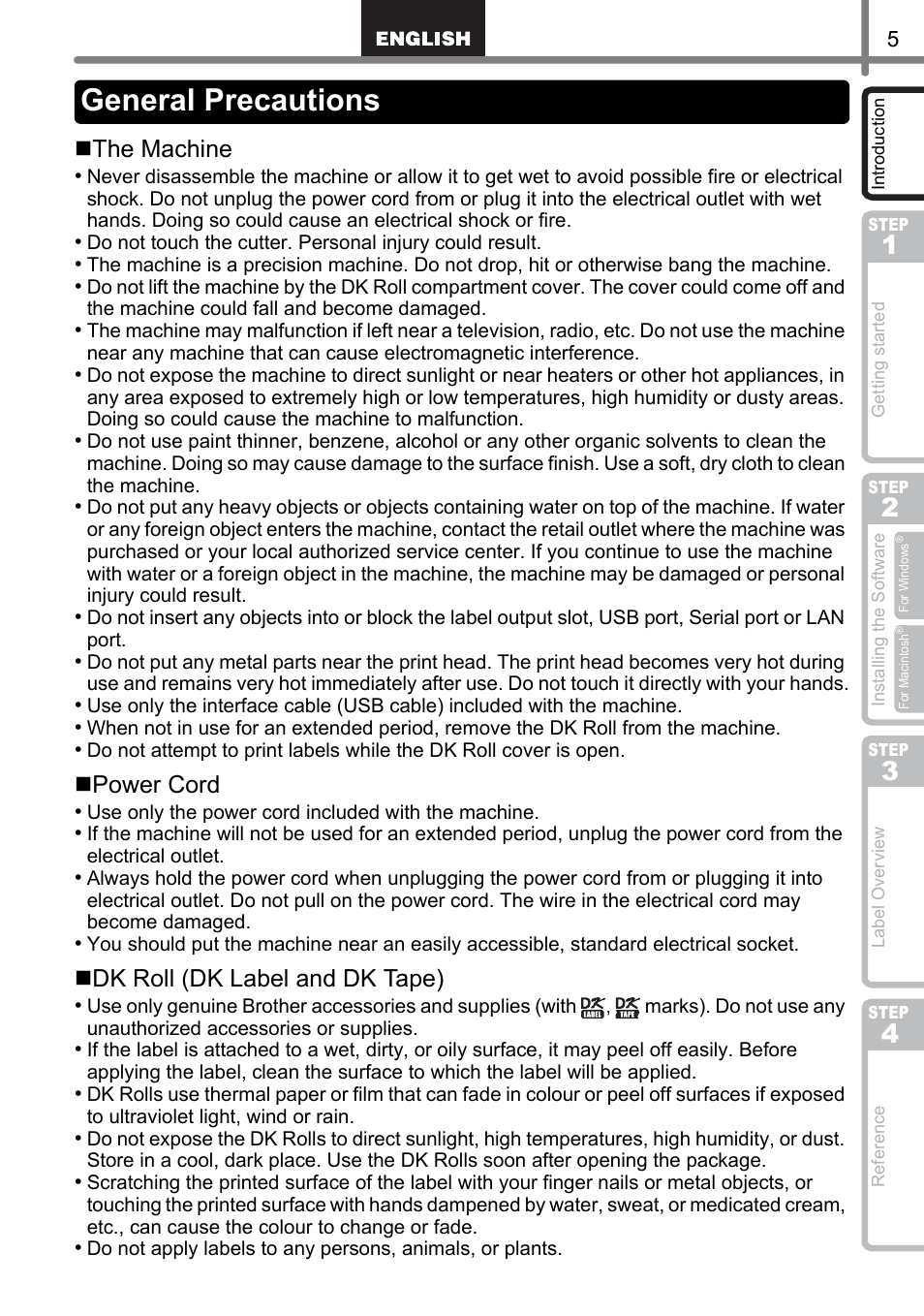 General precautions, The machine, Power cord | Dk roll (dk label and dk tape) | Brother QL-1060N User Manual | Page 7 / 121