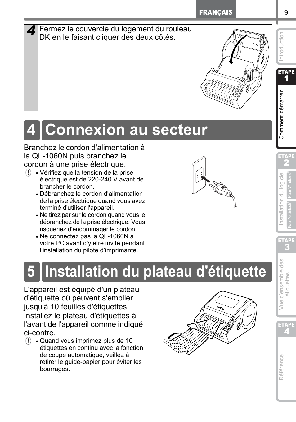 Connexion au secteur, Installation du plateau d'étiquette | Brother QL-1060N User Manual | Page 71 / 121