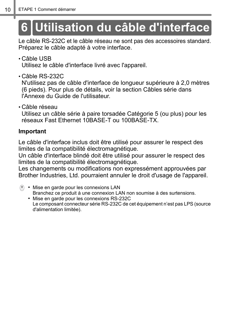 Utilisation du câble d'interface, 6 utilisation du câble d'interface | Brother QL-1060N User Manual | Page 72 / 121