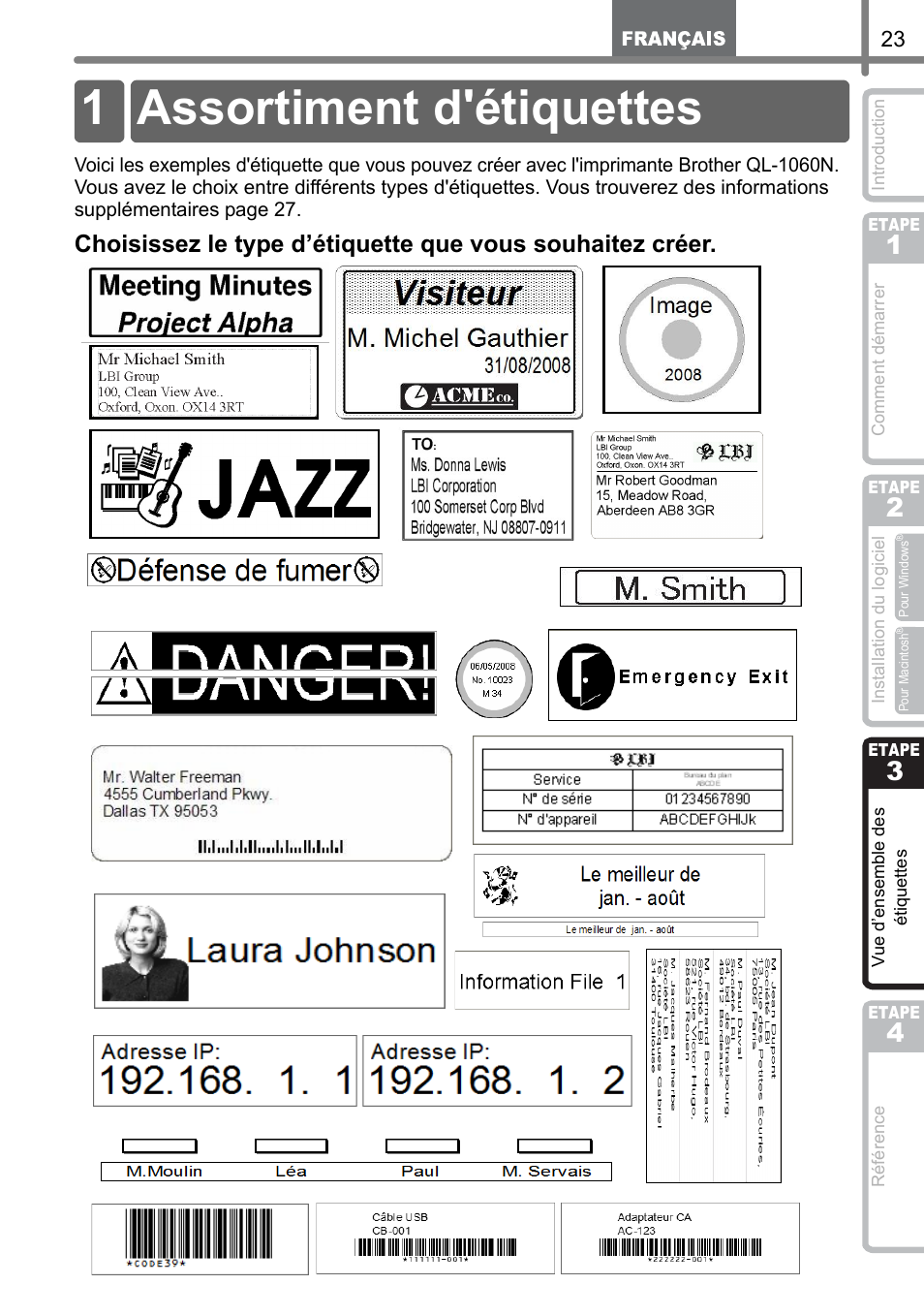 Vue d’ensemble des étiquettes, Assortiment d'étiquettes, Vue d’ensemble des | Étiquettes, D’ensemble des, Etape, 1 assortiment d'étiquettes | Brother QL-1060N User Manual | Page 85 / 121