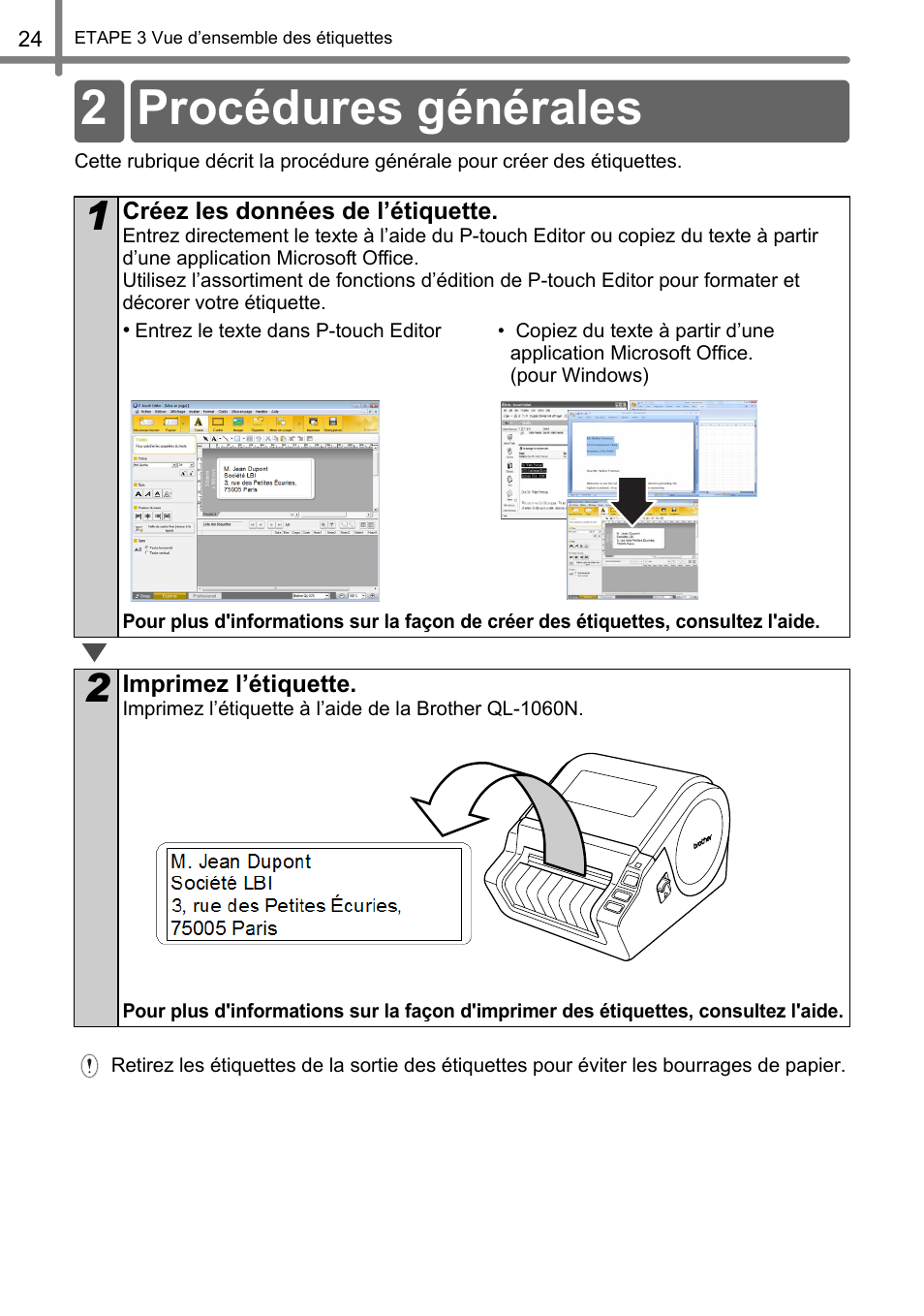 Procédures générales, 2 procédures générales | Brother QL-1060N User Manual | Page 86 / 121